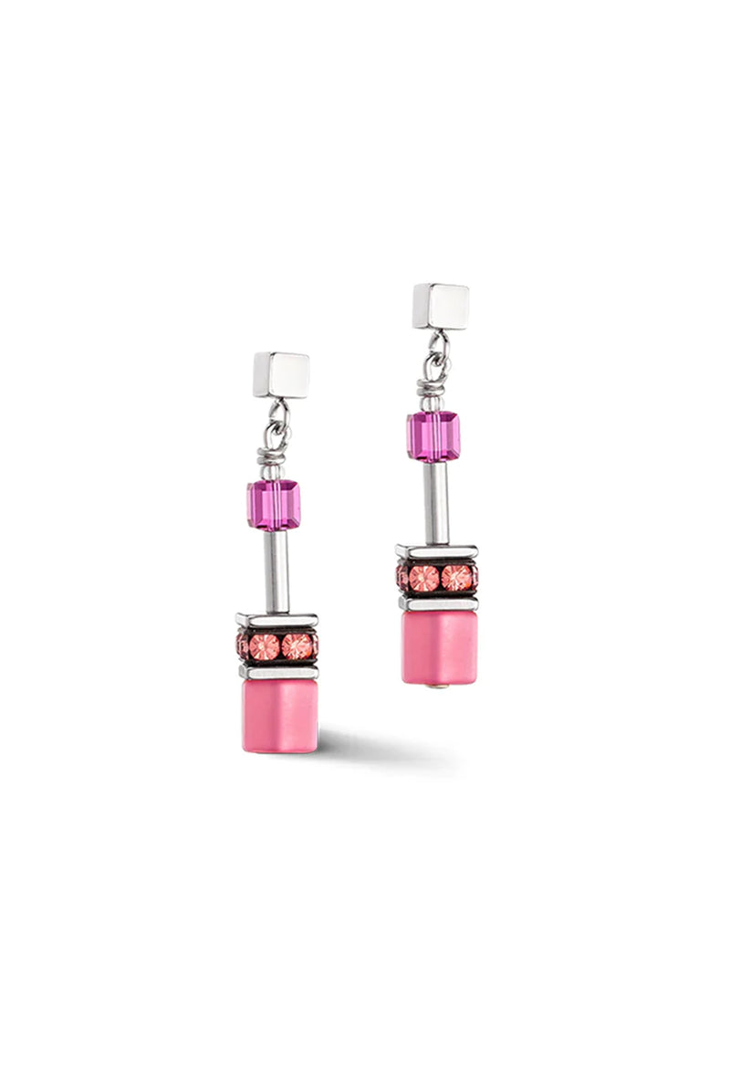 The Coeur De Lion GeoCube Viva Magenta Earrings, a stainless steel jewellery from Coeur De Lion, at OD’s Jewellers in St Helens.