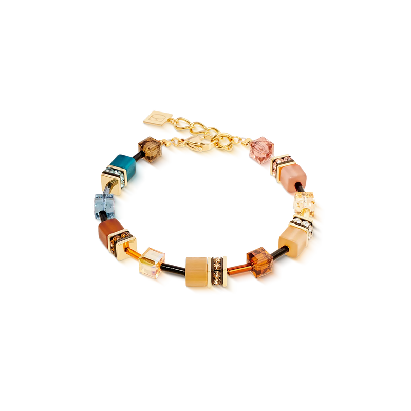 A colorful beaded bracelet with gold chain detail.
