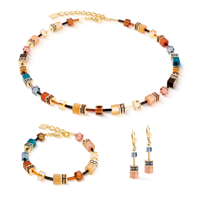 Colorful square bead jewelry set: necklace, bracelet, and earrings.
