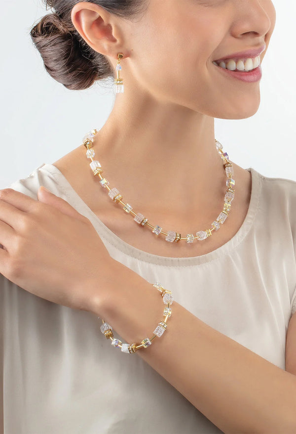 The Coeur De Lion GeoCube Rock Crystal Necklace Gold Plated, a gold plated necklace from Coeur De Lion, at OD’s Jewellers in St Helens