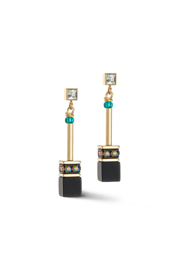 Coeur De Lion GeoCube Irredescent & Onyx Earrings Gold Plated