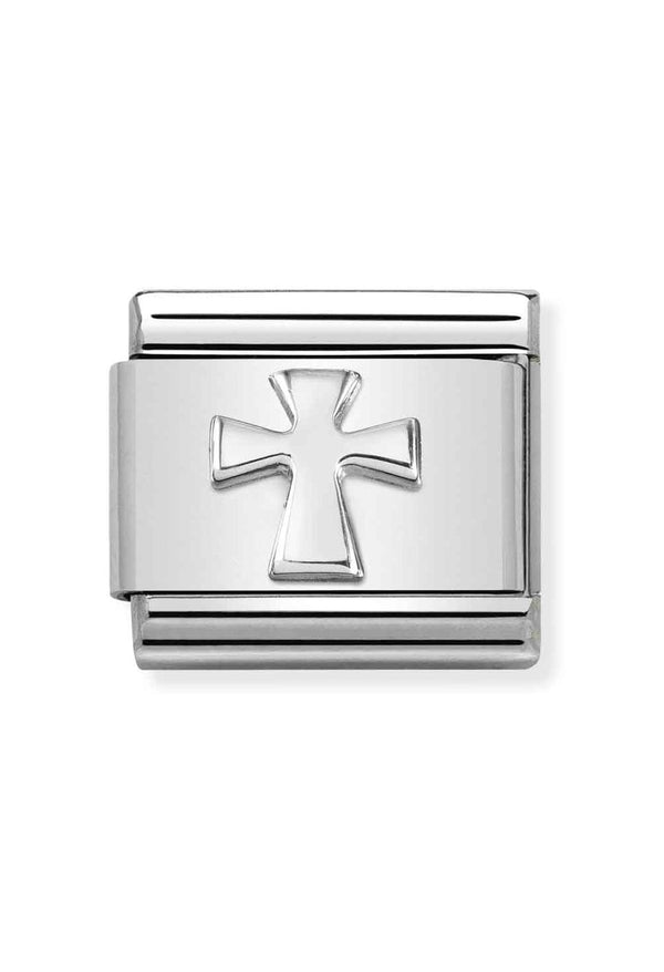 Silver Nomination charm with a classic cross design, representing faith and Italian jewelry style.