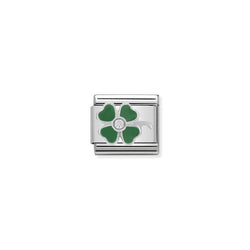 Nomination Composable Classic Link SIMBOLS Green Four Leaf Clover in Stainless Steel, Enamel, Cubic Zirconia & 925 Silver