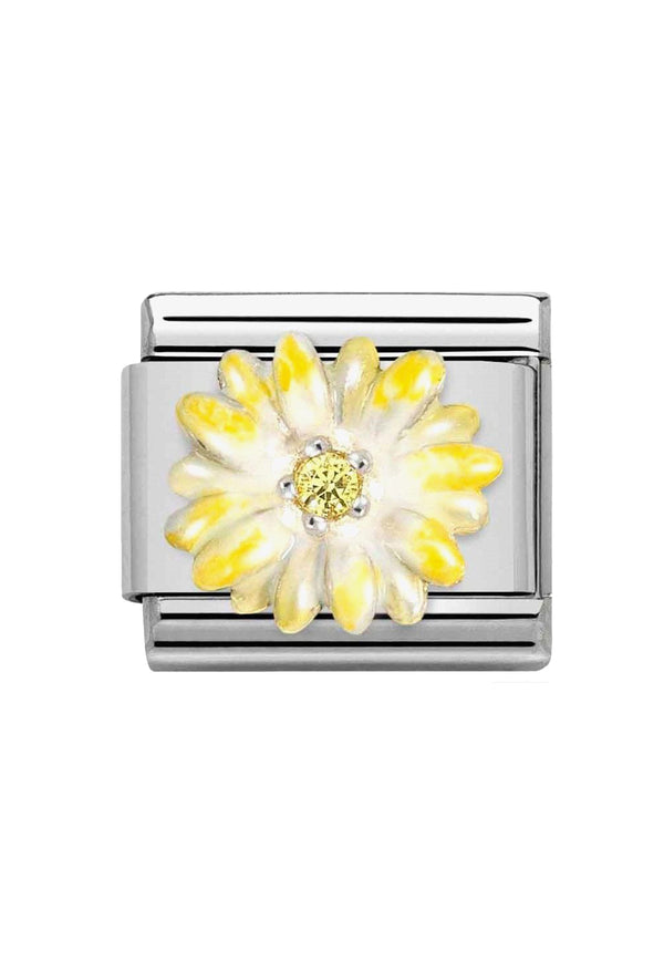 Nomination Composable bracelet link with a yellow enamel flower detail in silver; customizable charm.