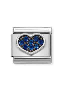 Close-up Nomination charm link. Sterling silver plate heart design with blue CZ stones, for customizable bracelets.