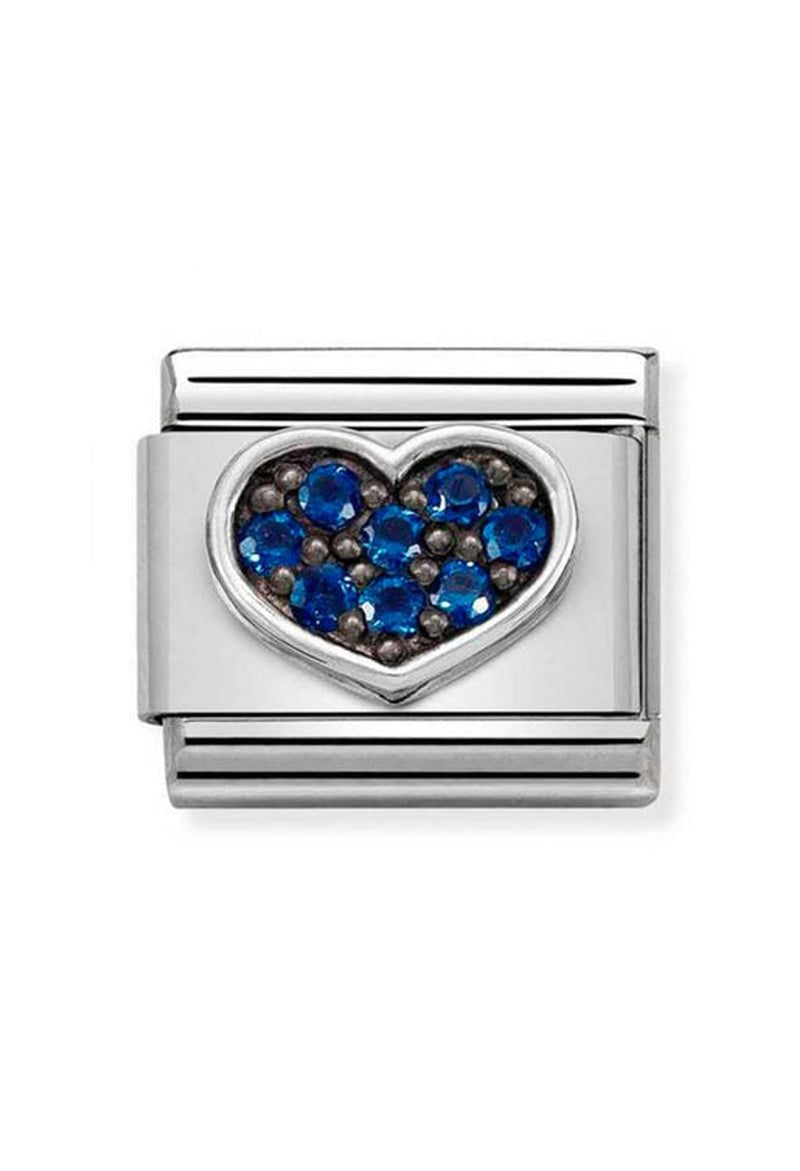 Close-up Nomination charm link. Sterling silver plate heart design with blue CZ stones, for customizable bracelets.