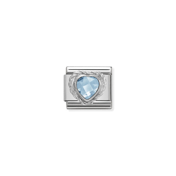 Nomination Composable Classic Heart Faceted CZ Light Blue in Stainless Steel E 925 Silver Twisted Setting