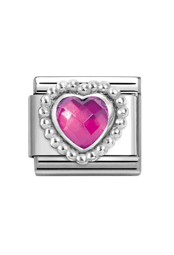 Composable Nomination link featuring a faceted fuchsia heart encircled by delicate silver beads. Perfect charm for