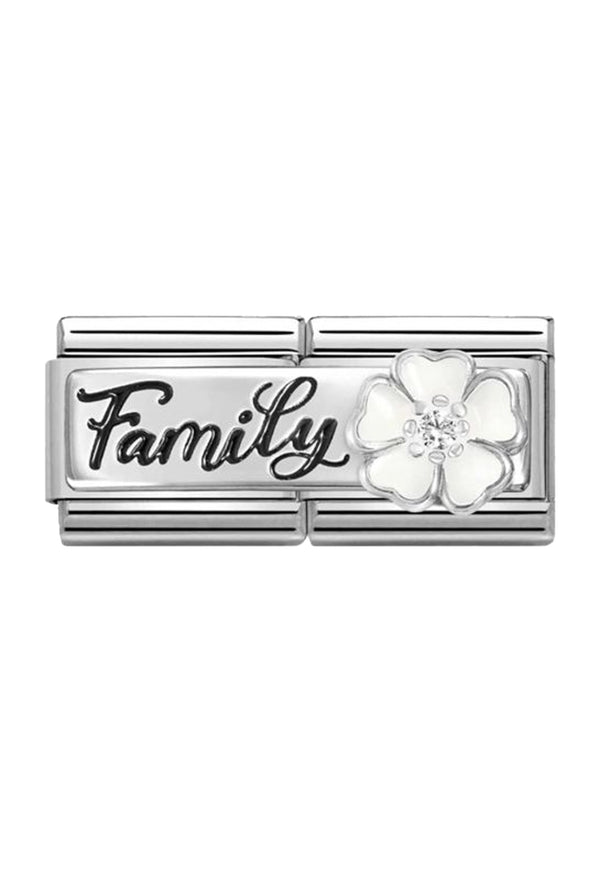 Composable charm link: "Family" inscription & white enamel flower detail. Ideal gift for a loved one.