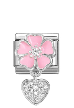 Nomination Composable Classic Link Pink Enamel Flower With Heart Drop in Silver