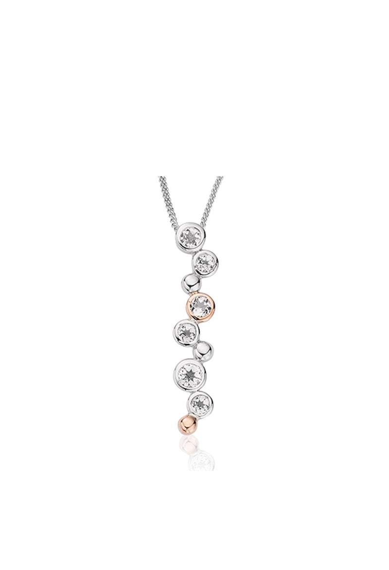 Clogau Celebration Drop pendant featuring white topaz stones, sterling silver & rose gold details. Elegant jewelry design.