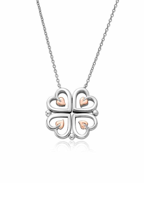 Clogau Tree of Life heart pendant showcasing the sterling silver and rose gold heart detailing on a delicate chain.