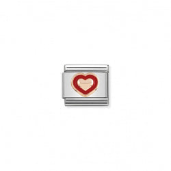 Nomination Composable Classic Link RELIEF HEART WITH RED BORDER in Stainless Steel Enamel and 9K Gold