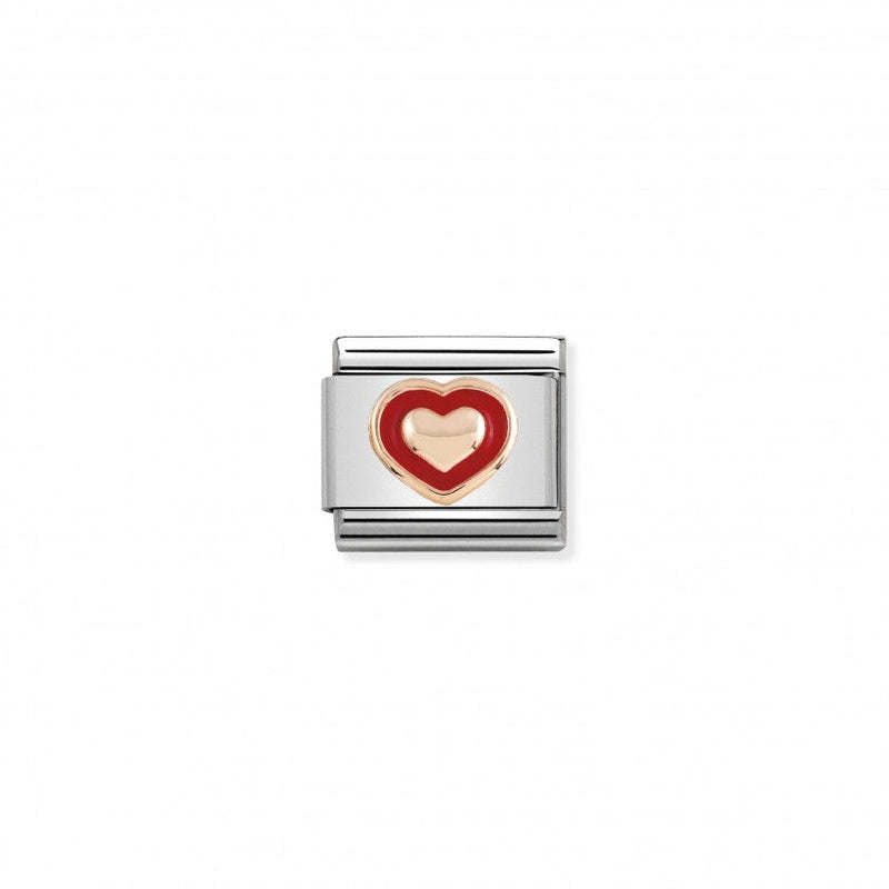 Nomination Composable Classic Link RELIEF HEART WITH RED BORDER in Stainless Steel Enamel and 9K Gold
