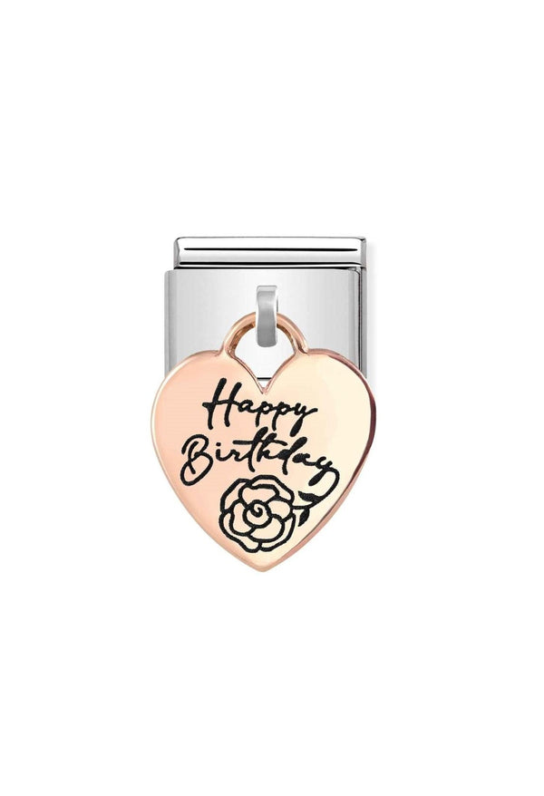 Nomination Composable Classic CHARMS ENGRAVED PLATES HEART HAPPY BIRTHDAY in Steel and Bonded Rose Gold