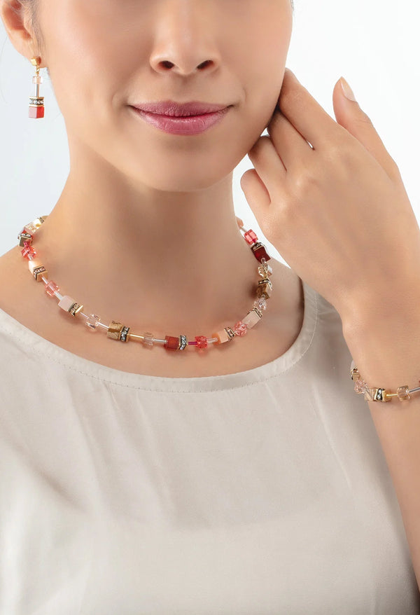 Coeur De Lion GeoCube Cornelian, Pink Aventurine & Jasper Necklace Gold Plated