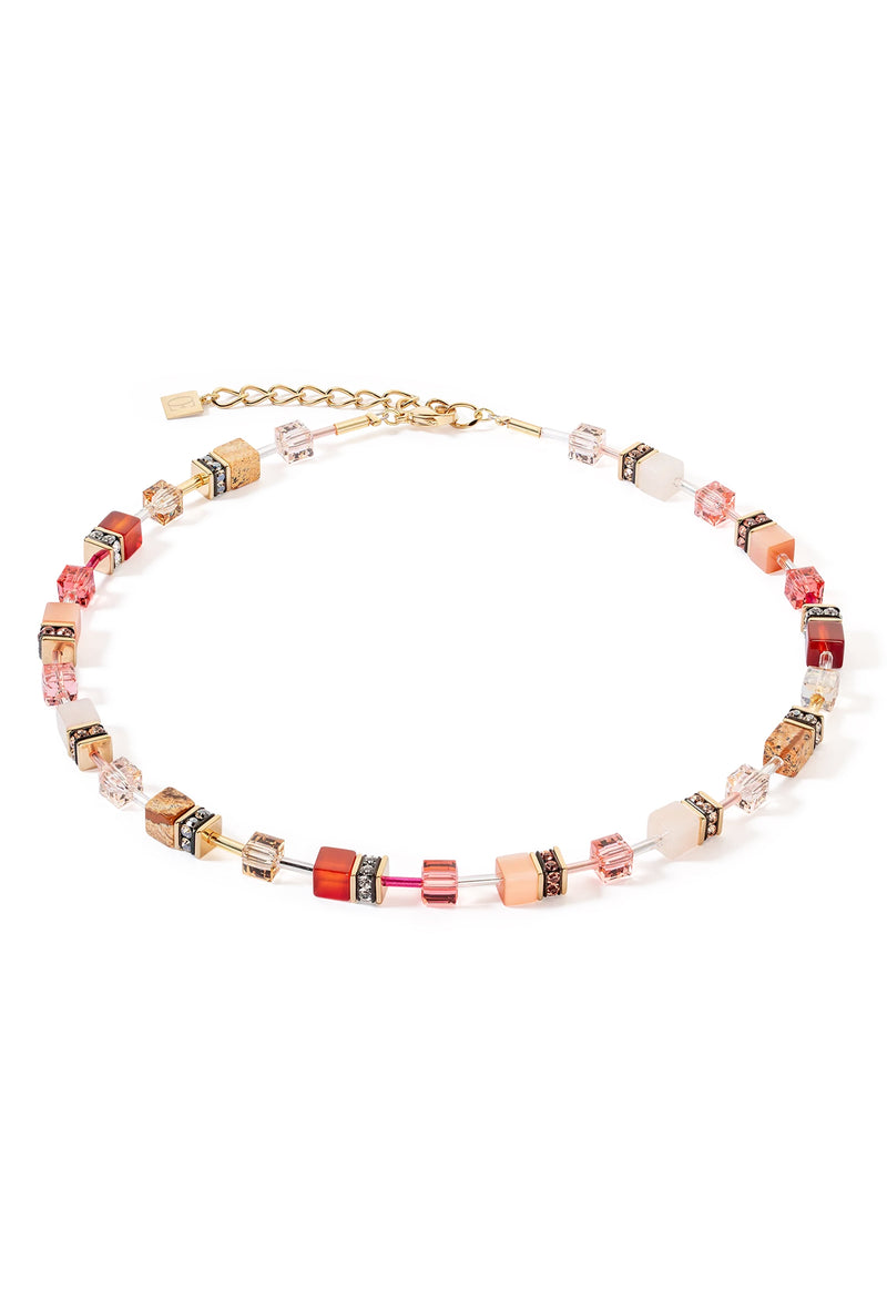 Coeur De Lion GeoCube Cornelian, Pink Aventurine & Jasper Necklace Gold Plated