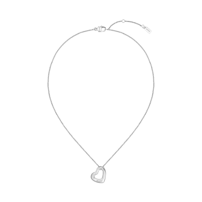 Stainless steel heart pendant necklace from BOSS, part of the Honey Boundless line. Subtle BOSS branding on heart and clasp.