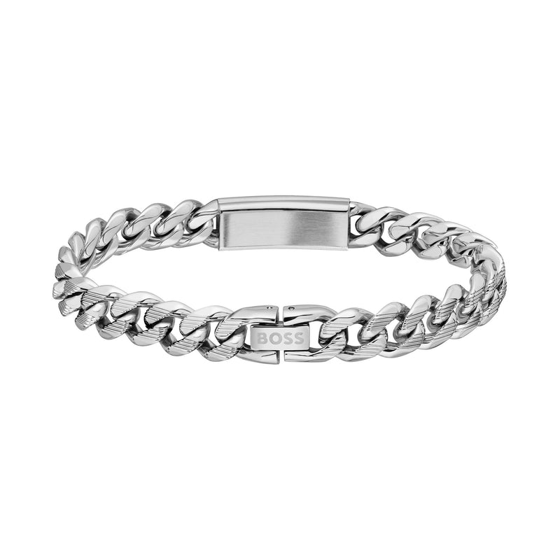 Close-up of the BOSS Kassy bracelet, showcasing its stainless steel design and BOSS logo clasp.