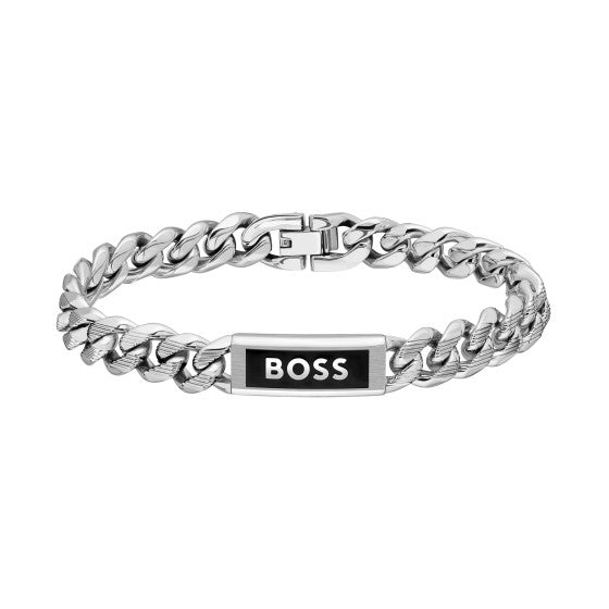 Stainless steel BOSS bracelet featuring a polished finish and a prominent "BOSS" logo emblem.