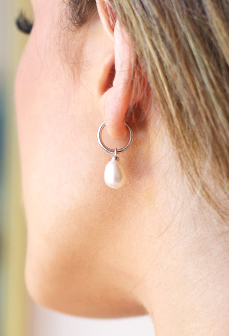 Kit Heath Revival Hoop With Oval Pearl Drop Earrings in Silver