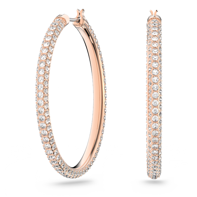 Rose gold Swarovski hoop earrings, 18mm size. Edge detailed with crystals, close-up display. Premium jewelry.