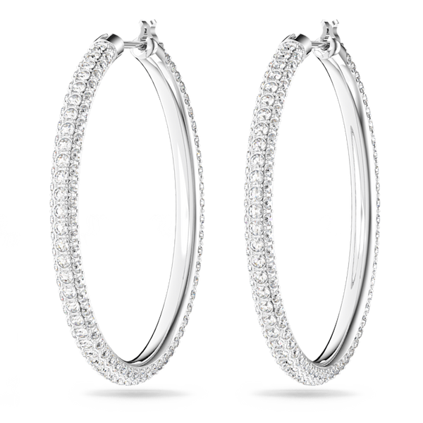 The Swarovski Dextera Pave Hoop Earrings, rhodium-plated silver hoop from Swarovski, available at OD’s Jewellers in St Helens.
