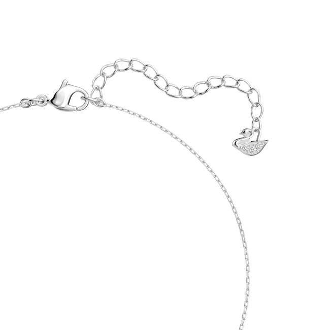 Close-up of a rhodium-plated Swarovski necklace's lobster clasp, extension chain, and swan logo detail.