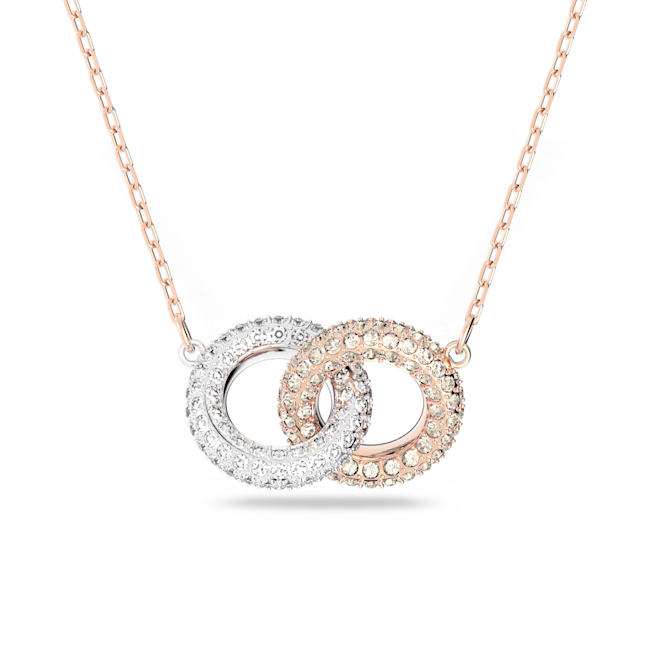 Swarovski necklace featuring rose gold & crystal pave interlocking circles. Elegant jewelry piece on display.