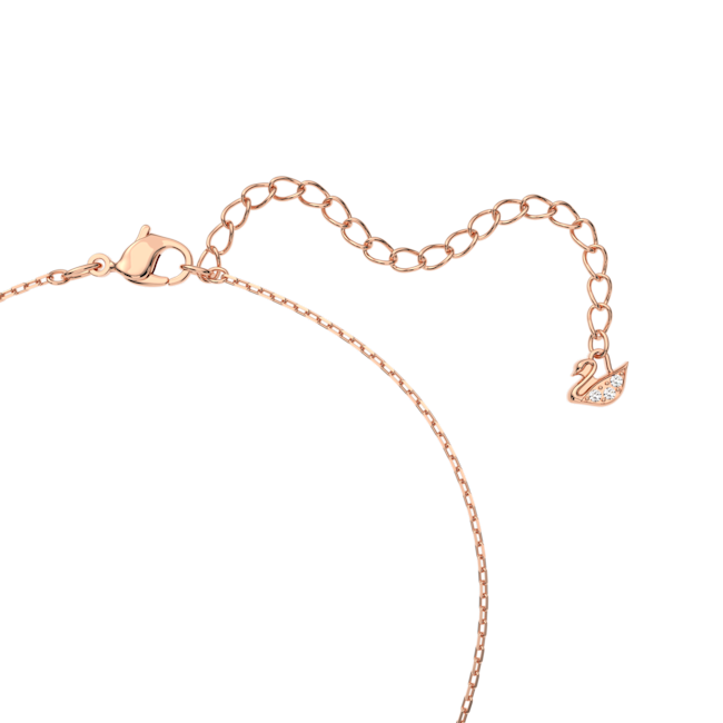 Close-up of the rose gold Swarvoski interlocking necklace chain with pave crystal swan detail and clasp.