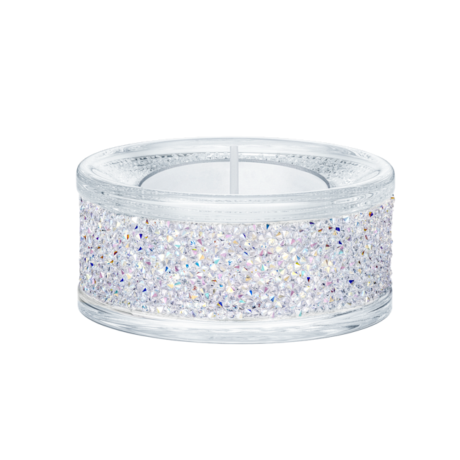 Swarovski tea light holder shimmering with 1500 crystals, reflecting light and adding elegance to decor. Silver tone.
