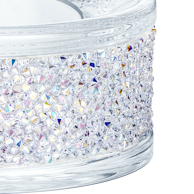 Close-up detail of the Swarovski shimmer tea light holder, showcasing its 1500 crystal embellishments in silver tone.