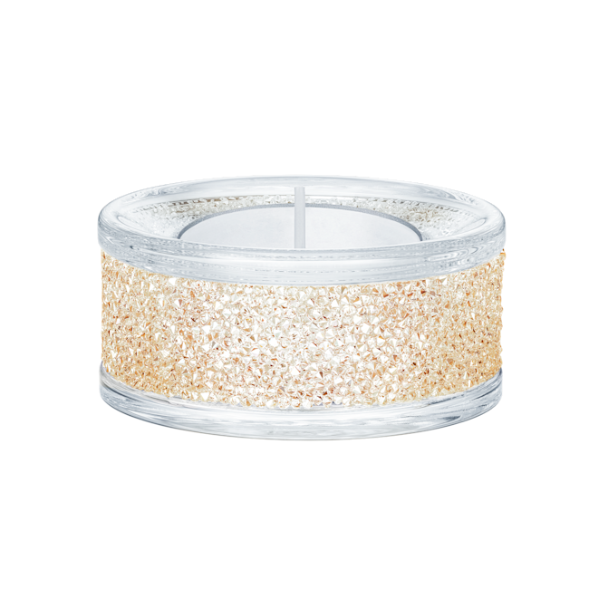 Elegant Swarovski tea light holder with gold shimmer crystal accents, perfect for adding sparkle to home decor.