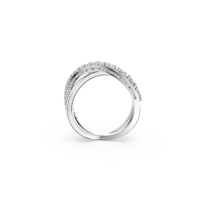 Close-up of the Swarovski Twist Ring showcasing its intertwined design adorned with white crystals. Elegant jewelry detail.