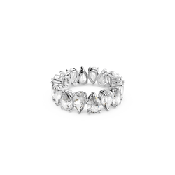 Sterling silver ring featuring a full circle of sparkling white, pear-cut Swarovski crystals in a prong setting. Elegant