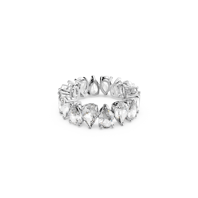 Sterling silver ring featuring a full circle of sparkling white, pear-cut Swarovski crystals in a prong setting. Elegant