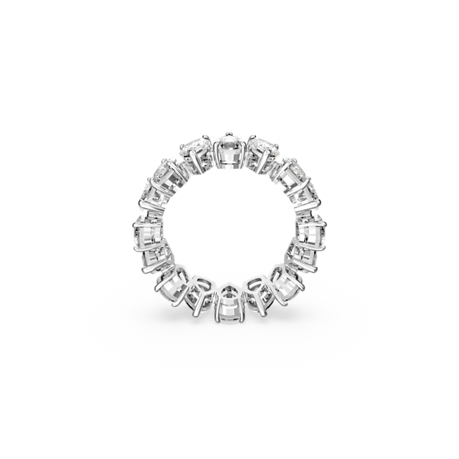 Sterling silver eternity ring with pear-shaped white Swarovski crystals. Vittore ring detail, showcasing shimmering stones.