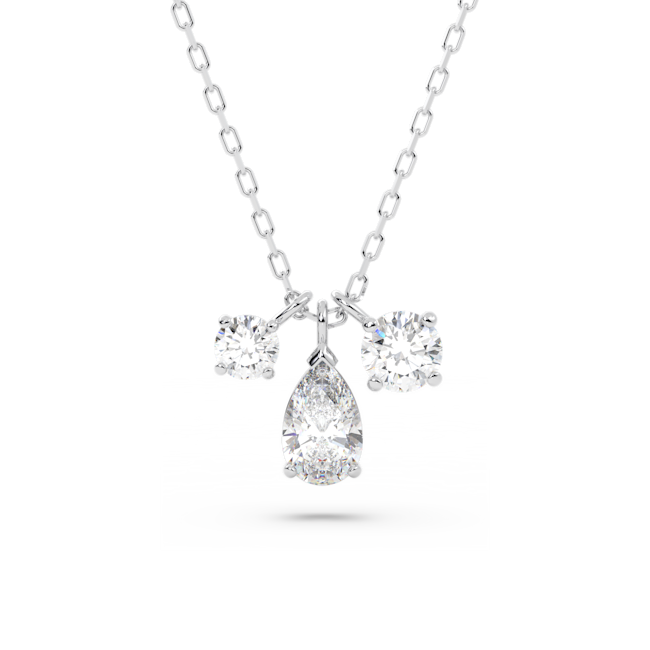 Elegant Swarovski pendant necklace showcasing mixed-cut crystals, featuring a pear-shaped drop and round brilliant stones.
