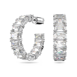 Rhodium-plated Swarovski hoop earrings featuring a line of octagon-cut clear crystals; classic and elegant.