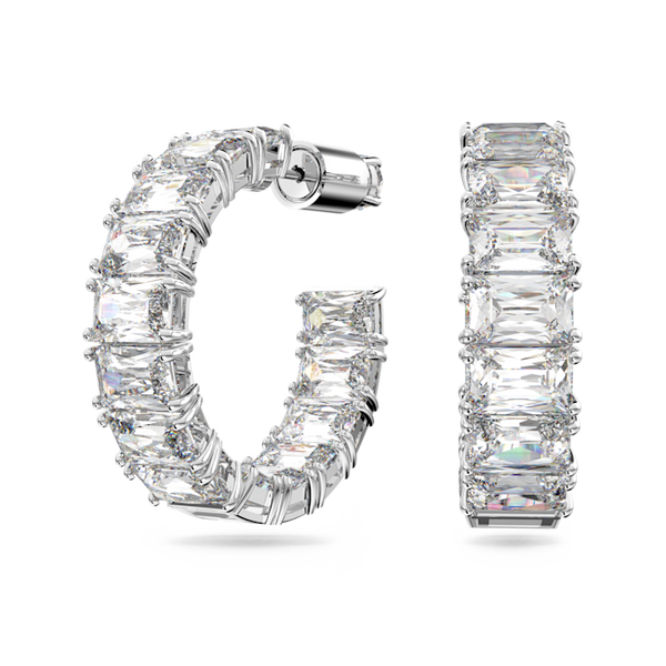 Rhodium-plated Swarovski hoop earrings featuring a line of octagon-cut clear crystals; classic and elegant.