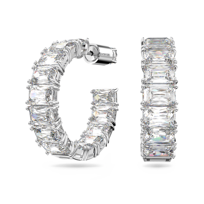 Rhodium-plated Swarovski hoop earrings featuring a line of octagon-cut clear crystals; classic and elegant.