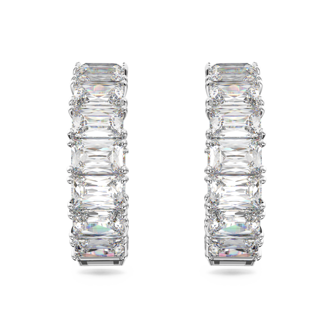 Swarovski crystal hoop earrings featuring a row of octagon-cut gems in a rhodium-plated setting, showcasing the Millenia