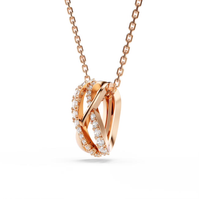 Rose gold Swarovski Twist necklace with sparkling white crystals. Elegant interlocking pendant design.