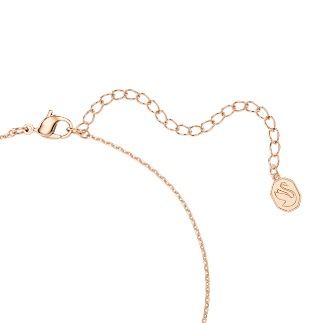 Close-up of the rose gold plated Swarovski necklace's chain, clasp, and extender featuring the swan logo.