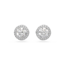 Rhodium plated Swarovski stud earrings featuring round-cut crystals surrounded by pavé. Elegant jewelry design, Una Angelic