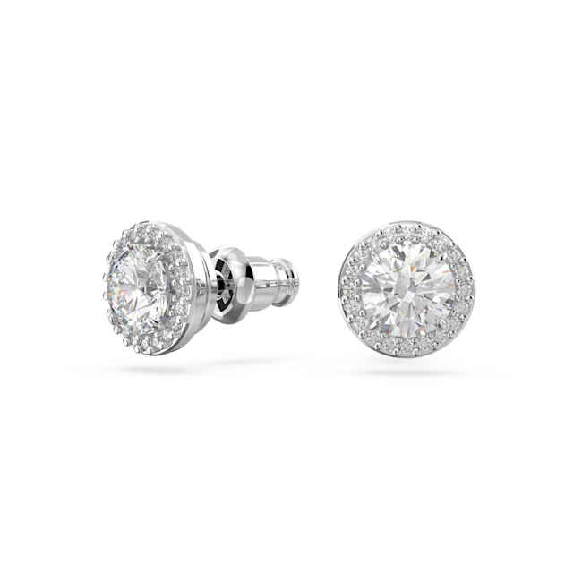 Rhodium plated Swarovski earrings featuring round cut crystals in a halo setting, showcasing the angelic design.