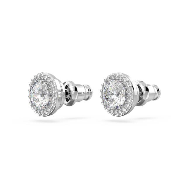 Swarovski Una Angelic stud earrings featuring rhodium-plated finish and round-cut halo crystals.