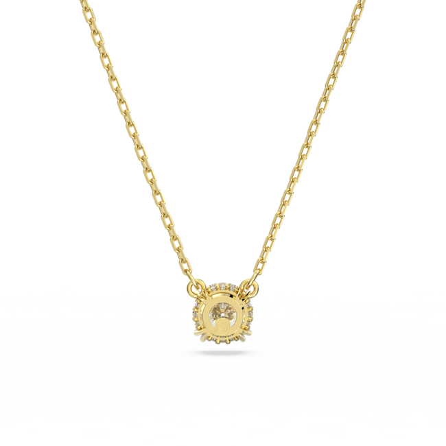 Close-up of the Swarovski Constella pendant necklace, highlighting its gold plated chain and delicate round cut crystal.