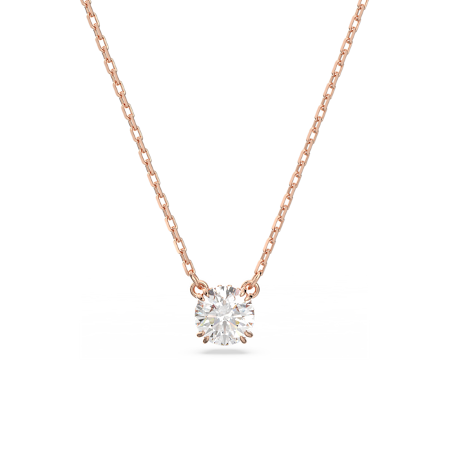 Rose gold plated Constella necklace with a round cut Swarovski crystal pendant, showcasing its delicate design.