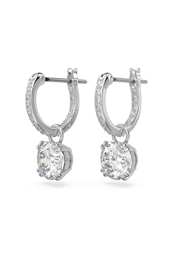 The Swarovski Constella Round Cut Drop Earrings, rhodium-plated silver jewelry from Swarovski, OD’s Jewellers in St Helens.